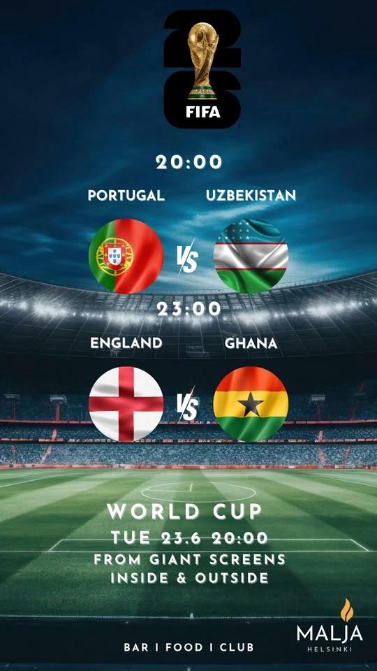 FIFA World Cup June 23 20:00 Portugal vs. Uzbekistan FIFA World Cup June 23 23:00 England vs. Ghana