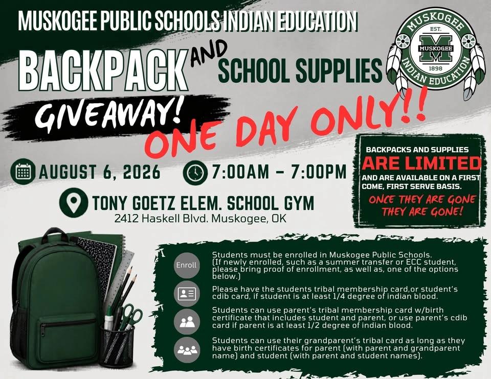 2026 Muskogee Indian Education Backpack and School Supply Giveaway