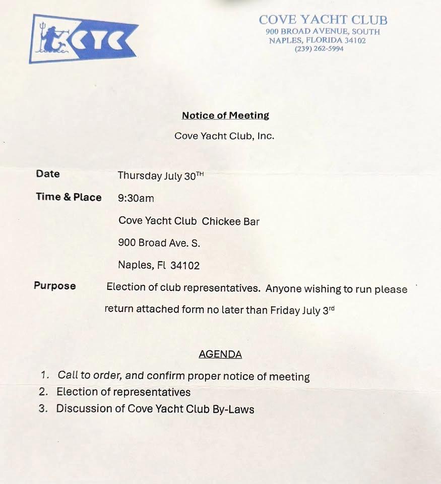 Cove Yacht Club Meeting - Members ONLY
