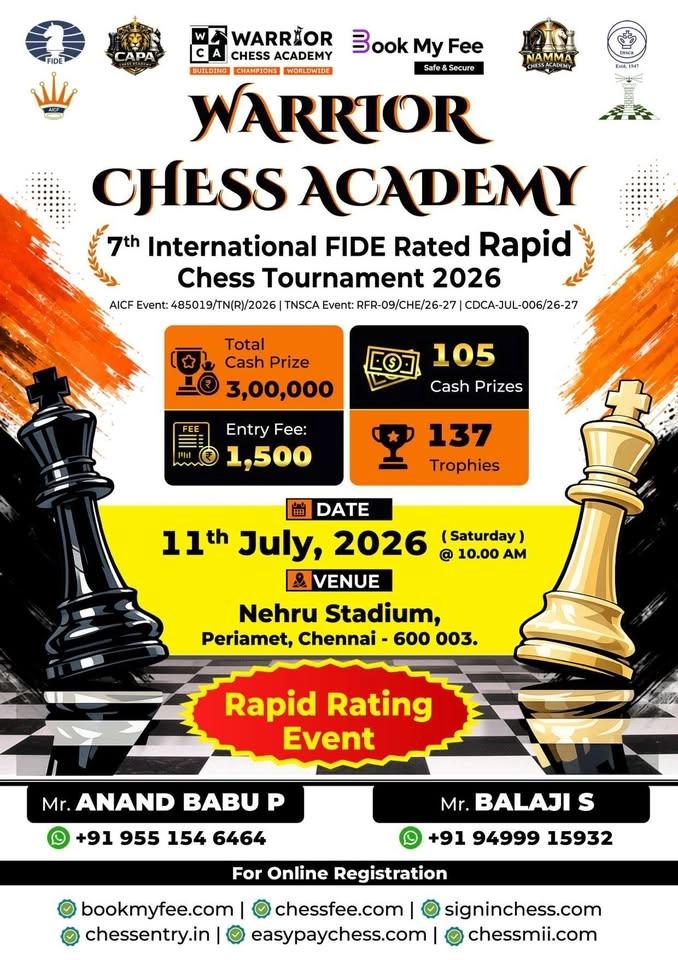 Warrior Chess Academy - 7th International FIDE Rated Rapid Chess Tournament (11 July 2026)