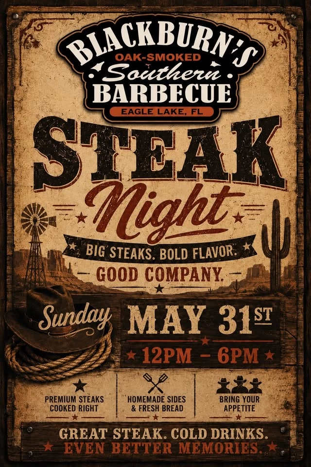 SUNDAY STEAK EVENT AT BLACKBURN’A BBQ