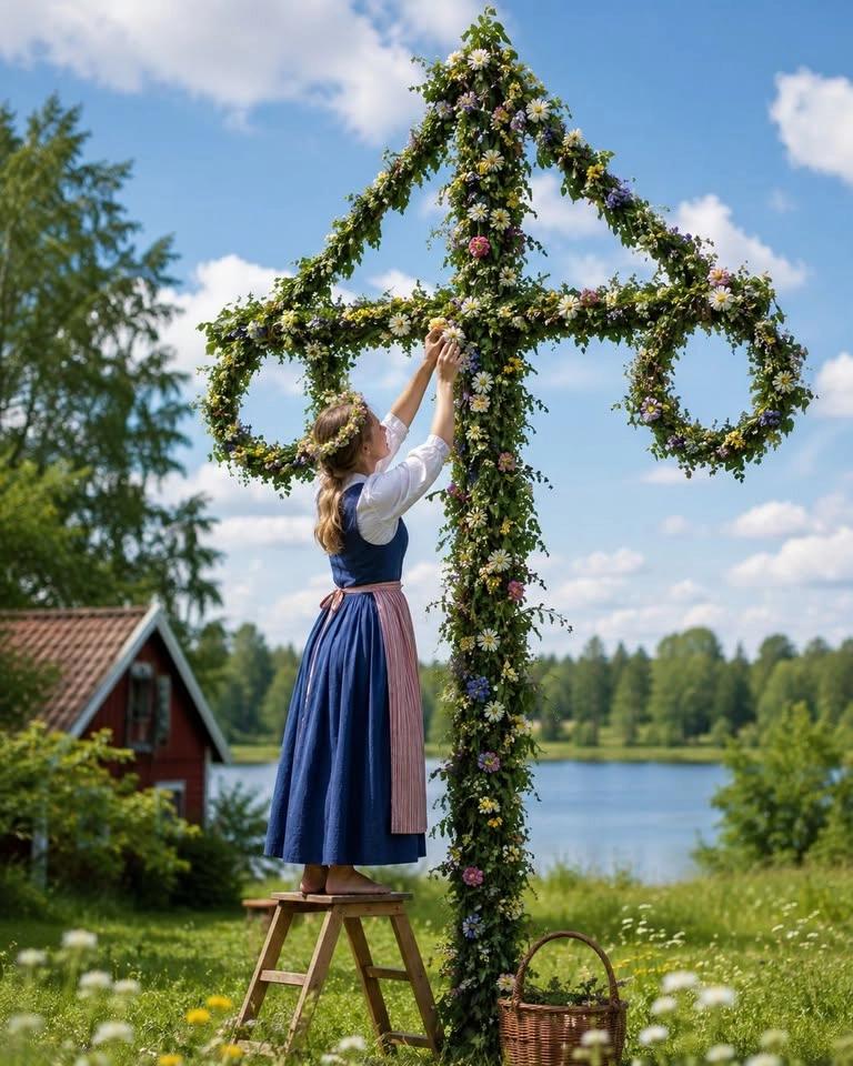 Vi klär byns midsommarstång tillsammans