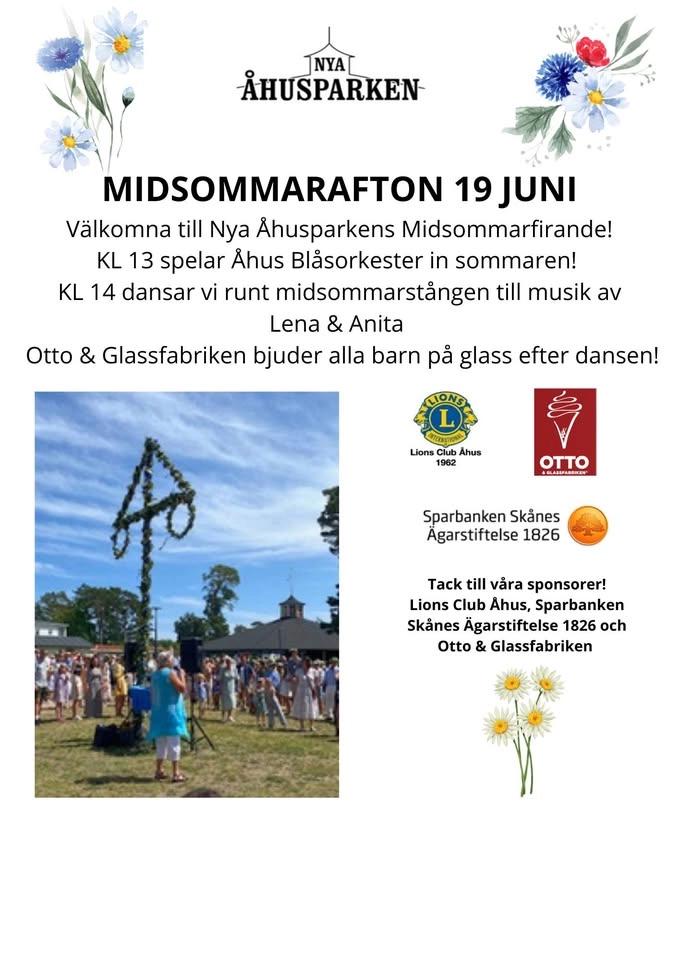 Midsommarfirande i Nya Åhusparken fre 19/6 KL 13 Åhus Blåsorkester, KL 14 Ringdans