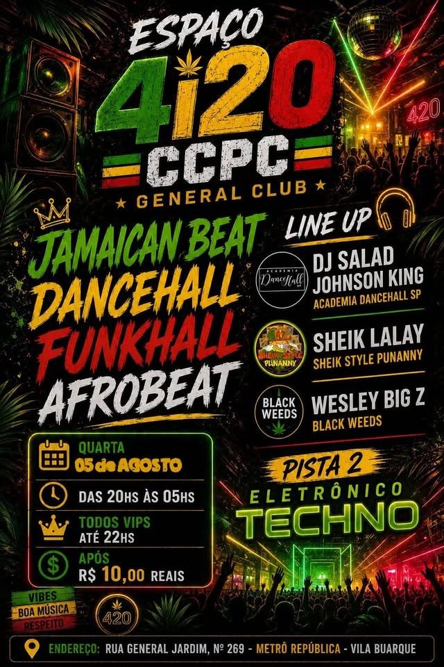 CCPC QUARTA 05 de agosto- FUNKHALL, DANCEHALL E SHATTA + TECHNO das 22H AS 5H