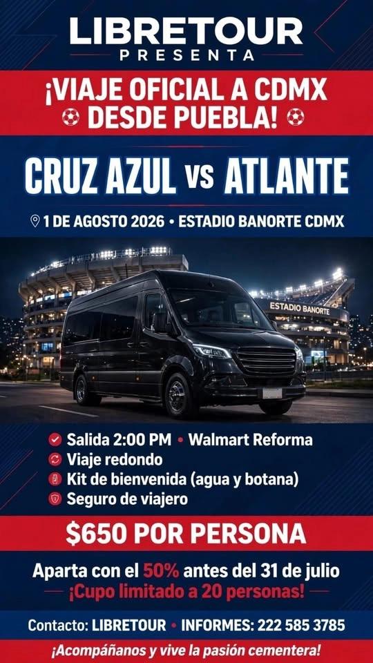 VIAJE REDONDO "CRUZ AZUL vs ATLANTE" saliendo desde CD Puebla