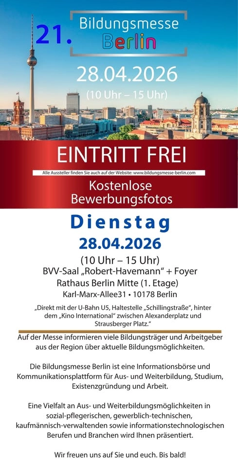 21. Bildungsmesse Berlin am 28.04.2026 von 10:00 - 15:00 Uhr