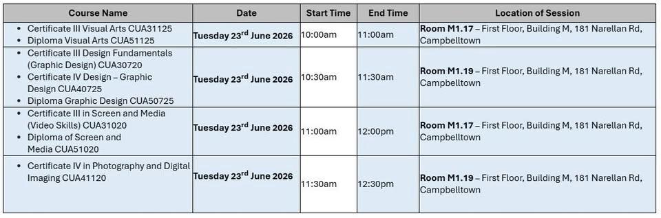 Creative Courses Information Session, Semester 2 - TAFE Campbelltown