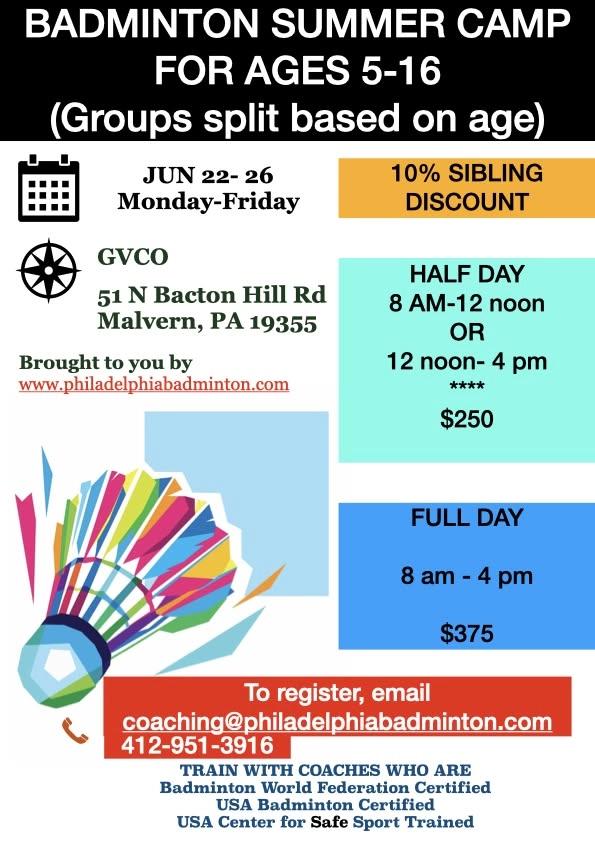 Badminton Summer Camp for Ages 5-16
