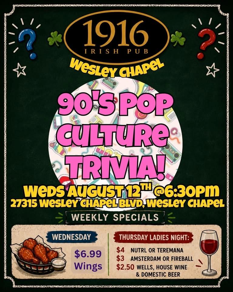 90s Pop Culture Trivia @ 1916 Irish Pub Wesley Chapel
