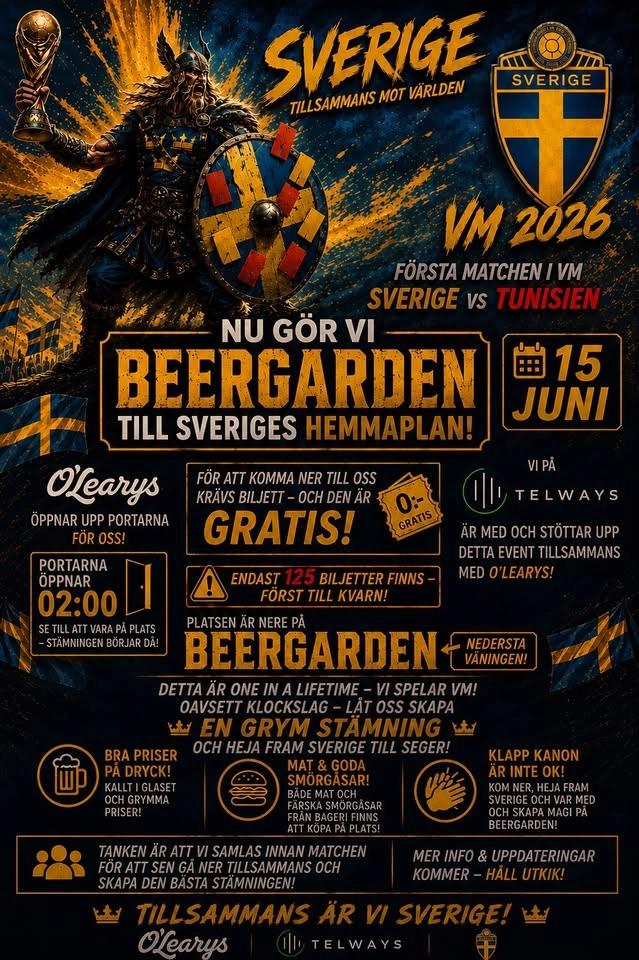 Sverige- Tunisen 15 juni, Beergarden på Olearys i samarbete med Telways