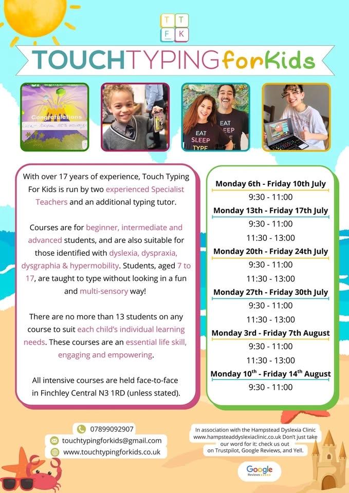 In Person Touch Typing for Kids Intensive Summer Course from 9:30am to 11am daily