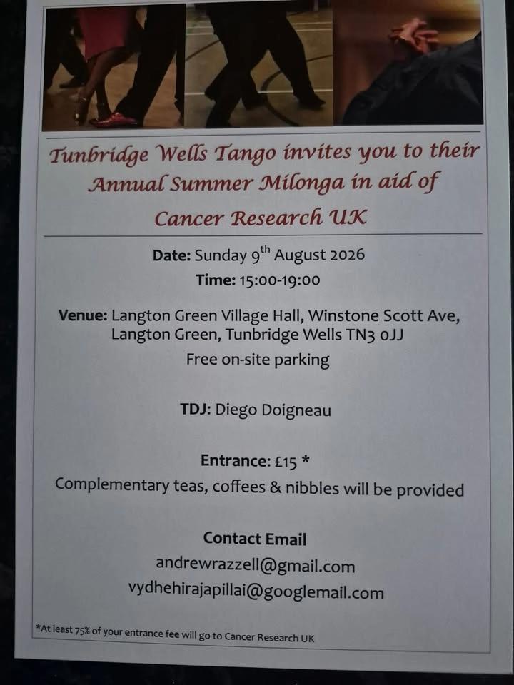 Tunbridge Wells Tango: Annual Summer Milonga in aid of Cancer Research UK