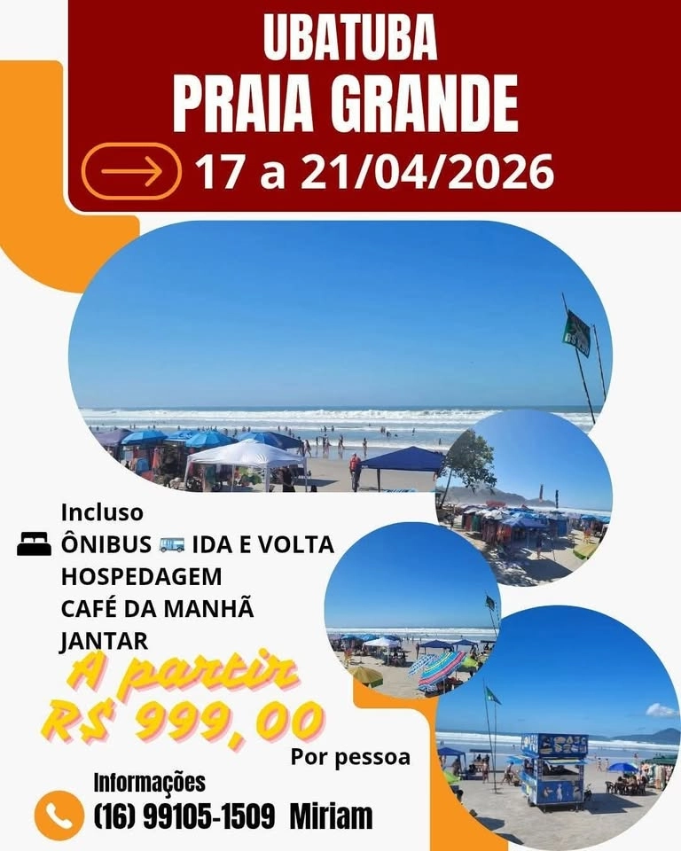 đEXCURSĂO TIRADENTES 2026
đP. GDE-UBATUBA
đž R$ 999,00 cada 17/04/ 22:00 hs ĂĄ 21/04/ 17:00 hs