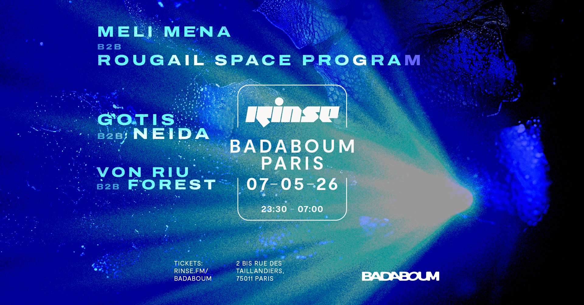 Club — Rinse All Stars: Forest, Von Riu, GOTIS, Neida, Meli Mena, rougail space program