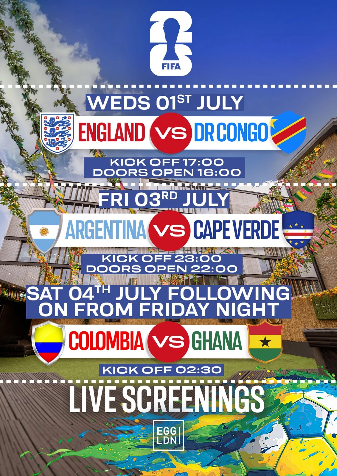 Football Viewing: Argentina v Cape Verde & Colombia v Ghana (Free Viewing)