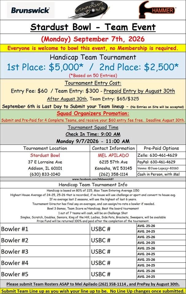 Stardust Bowl, Team Event $5K, September 7 (Monday)