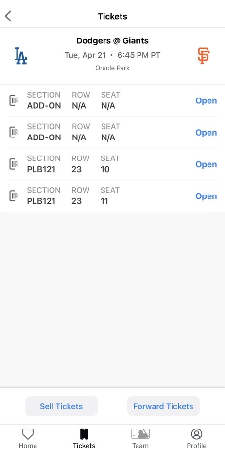 2 Tickets Giants vs Dodgers April 21 2026 6:45PM PB121 Row 23 Seats 10 & 11