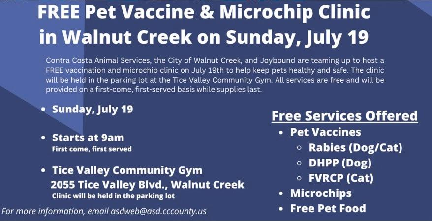 Free Pet Vaccination & Microchip Clinic in Walnut Creek