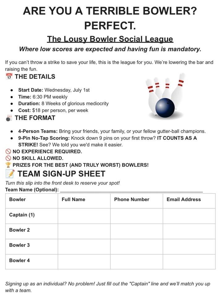 βLousy Bowlerβ Summer League