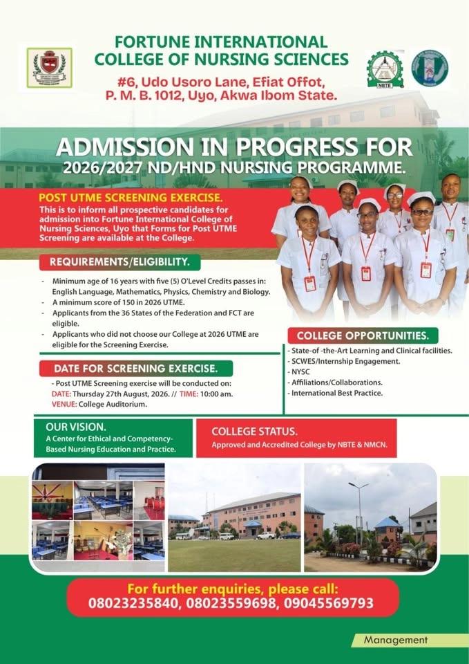 Admission into ND/HND Nursing Sciences for 2026/2027 Academic Session is on going. Post UTME Screening Exercise ...........