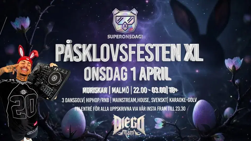 SUPERONSDAG 1 APRIL – DIEGO X MAMI @ PÅSKLOVSFESTEN XL – GRATIS ENTRÉ 🐣🔥