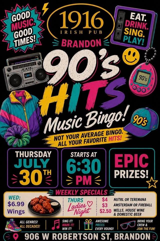 90's Hits Music Bingo @ 1916 Irish Pub Brandon