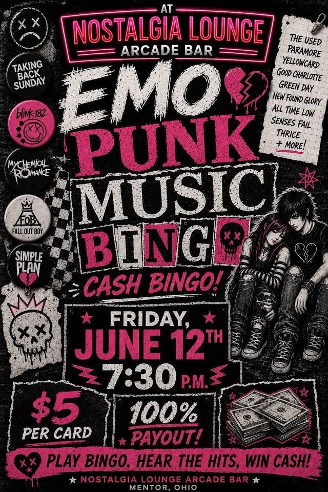 EMO Music Bingo! WIN CASH! 🖤 $5 per Card! 100% Payout! Free Fresh Cut Fry Night!
