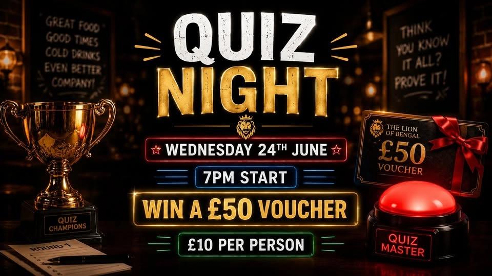 🎯 Quiz Night at The Lion of Bengal – Win a £50 Voucher!