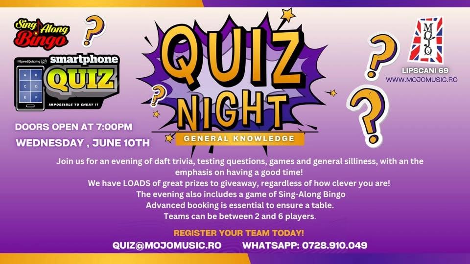 General Knowledge Speed Quiz with Sing Along Bingo - 10th June 2026