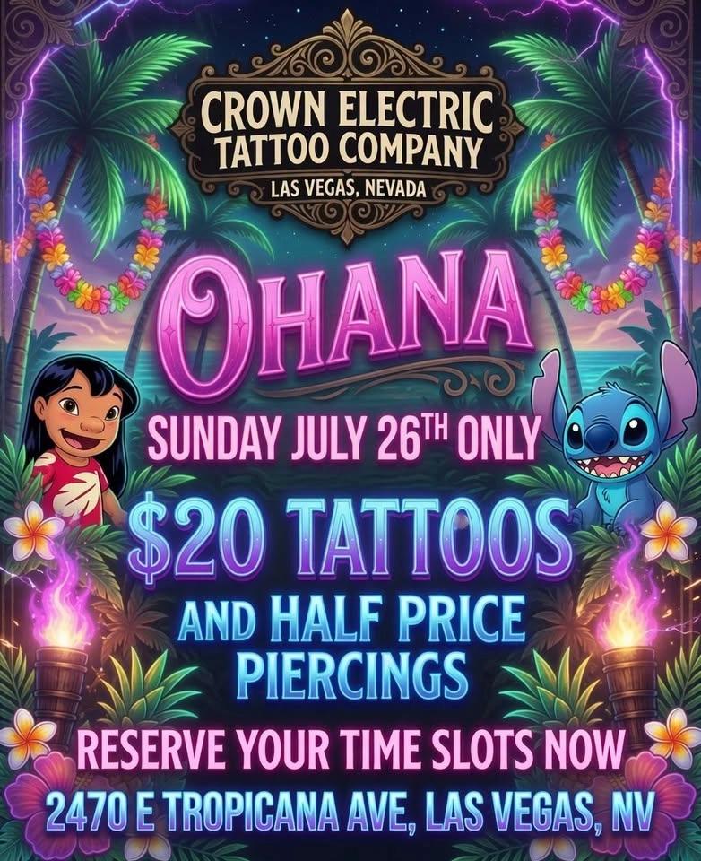 OHANA 🌸 $20 TATTOOS and HALF PRICE PIERCINGS