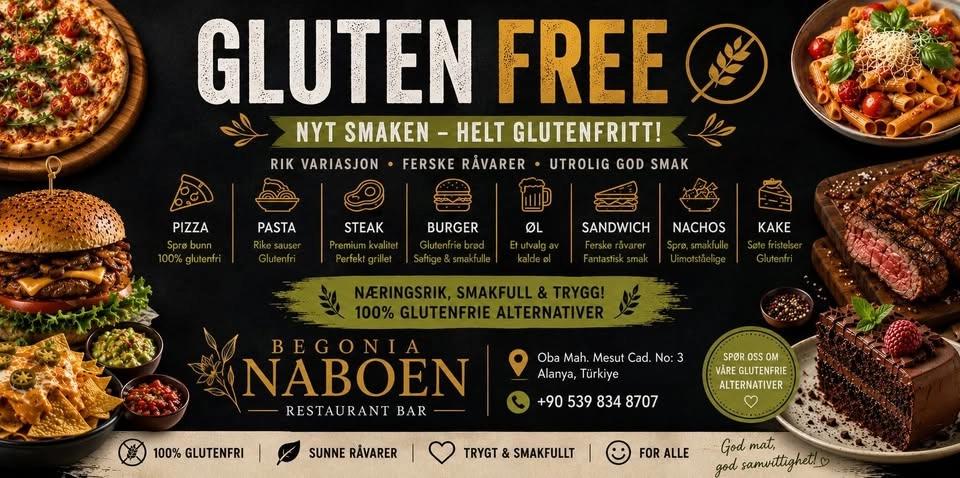 Biggest Gluten free meny in town hos Naboen restaurant Oba Alanya