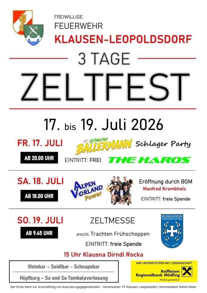 3 Tage Zeltfest Freiwillige Feuerwehr Klausen-Leopoldsdorf