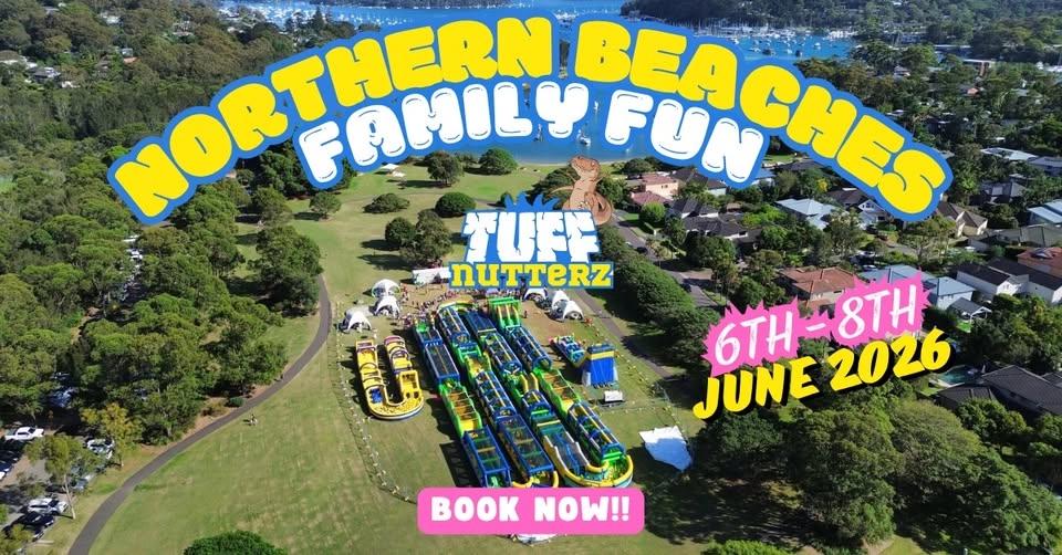 300m Inflatable Park takes over Flying Fox Park, Mona Vale during the June Long Weekend