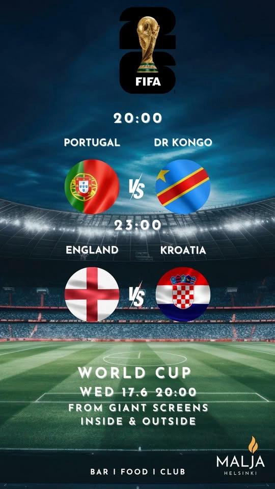 FIFA World Cup June 17 20:00 Portugal vs. DR Kongo FIFA World Cup June 17 23:00 England vs. Croatia