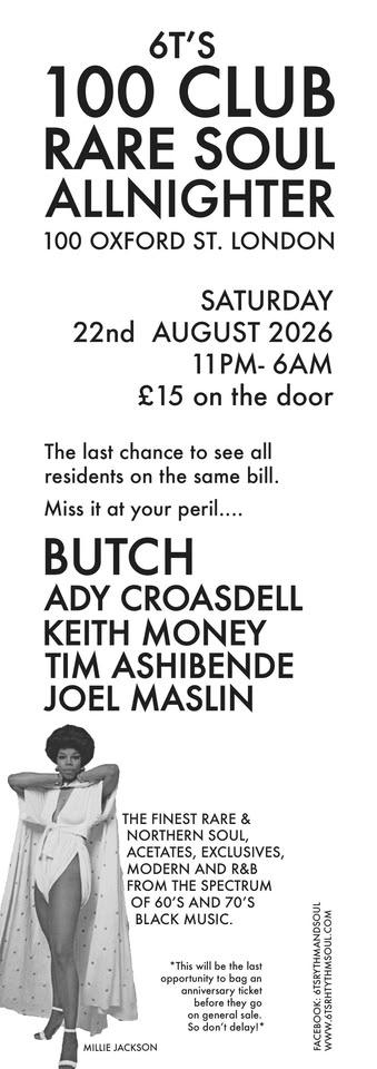 6T’s 100 Club Rare Soul Allnighter August 2026