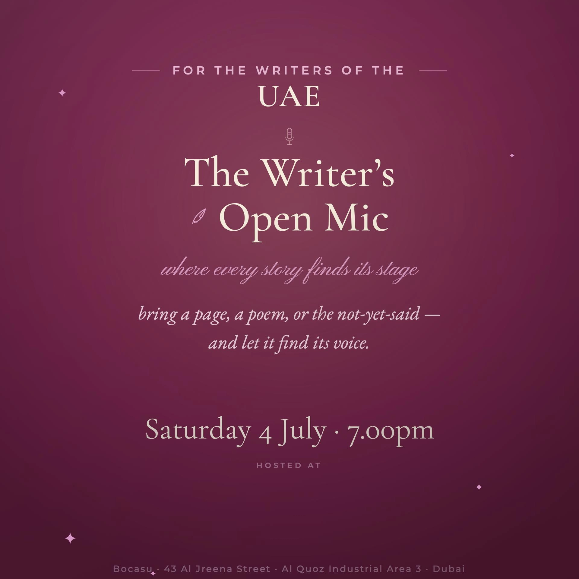 Writers Open Mic | 4 July | Bocasu 7pm