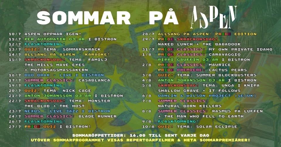 SOMMAR PÅ ASPEN 10 JULI - 10 AUG 🎶🎬☀️🍹🏝️