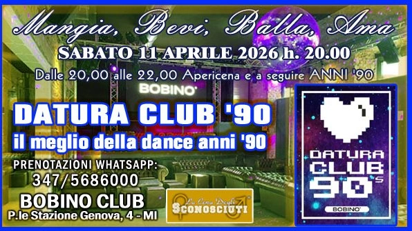 Sabato 11 Aprile Aperitivo single, flute e DJset anni ’90 con i DATURA al Bobino