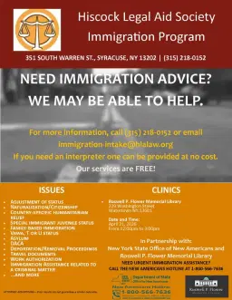Ages 18+ Immigration Clinic with Hiscock Legal Aid Society