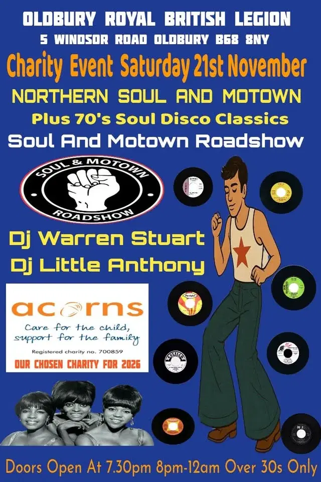 SOUL AND MOTOWN ROADSHOW CHARITY EVENT 2026 ACORNES CHILDRENS HOSPICE BIRMINGHAM