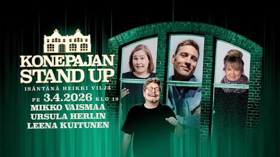 Pe 3.4. Konepajan stand up: Mikko Vaismaa, Ursula Herlin, Leena Kuitunen, isäntänä Heikki Vilja