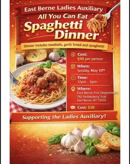 East Berne Ladies Auxiliary All You Can Eat Spaghetti Dinner