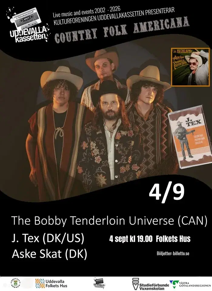 COUNTRY NIGHT: The Bobby Tenderloin Universe (CAN), J. Tex (US/DK), Aske Skat (DK) - Folkets Hus