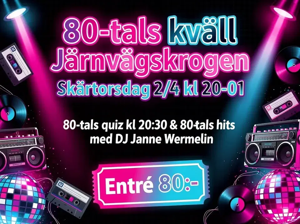 Årets 80-tals kväll är tillbaka med 80-tals quiz och dj som spelar 80-tals musik. Torsd 2/4 kl 20.00