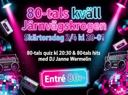 Årets 80-tals kväll är tillbaka med 80-tals quiz och dj som spelar 80-tals musik. Torsd 2/4 kl 20.00