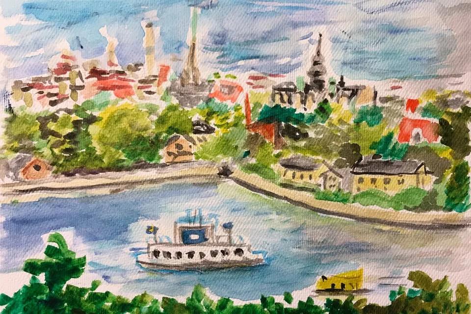 Stockholm harbour and Gamla stan - Painting workshop and meetup at Hermans cafe