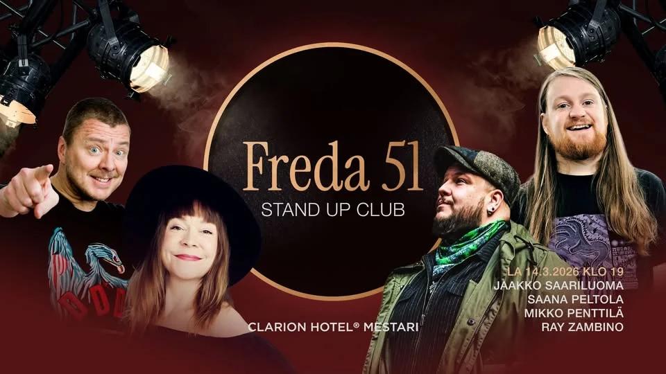 La 14.3. Freda 51 Stand Up Club: Jaakko Saariluoma, Saana Peltola, Mikko Penttilä ja Ray Zambino
