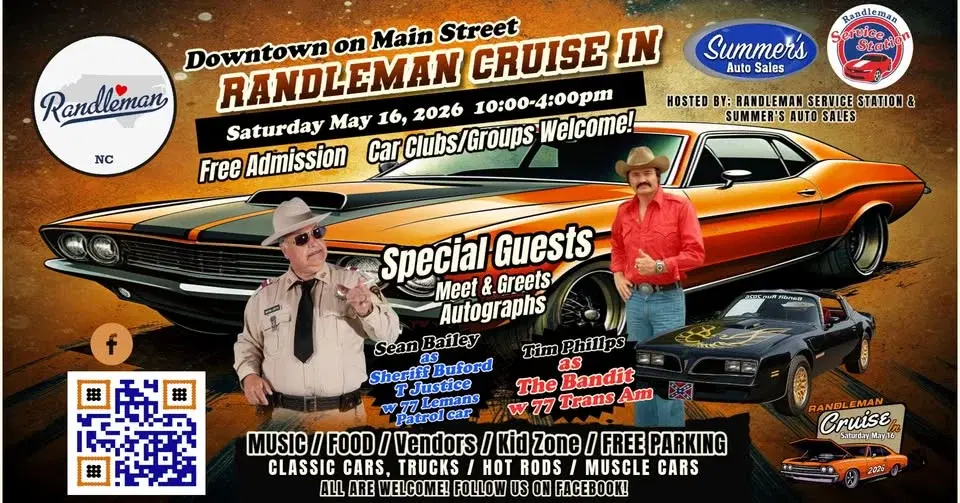 Randleman Cruise In Spring Event 2026 with Eastbound and Down Smokey & The Bandit Tribute!