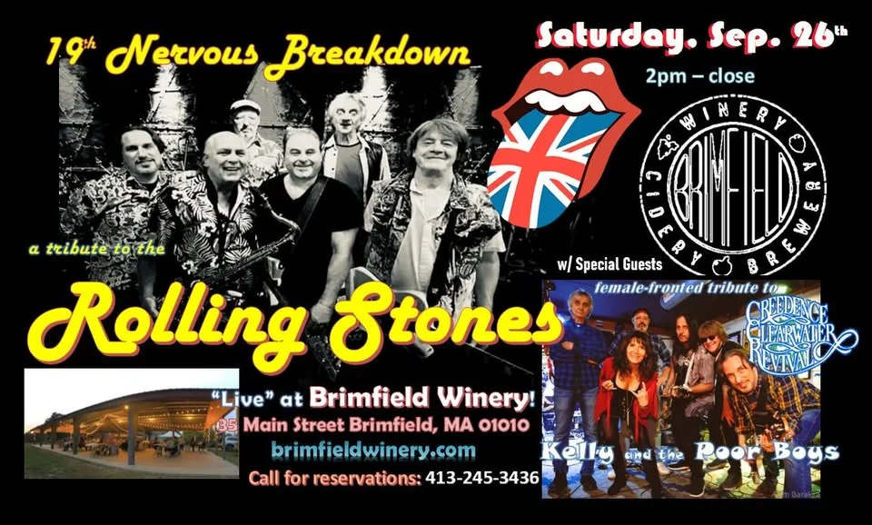 Rolling Stones & CCR tributes, 19th Nervous Breakdown w/Kelly & the Poor Boys at Brimfield Winery