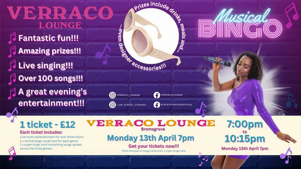 Midweek Musical Bingo at Verraco Lounge (Bromsgrove) - Monday 13th April 7pm